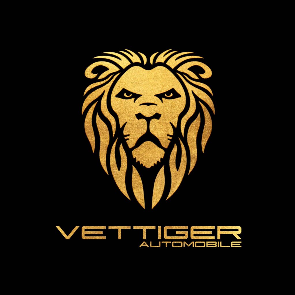 Goldenes Löwenlogo von Vettinger Automobile auf schwarzem Hintergrund – entwickelt von FM7 Corporation für ein majestätisches und modernes Branding.